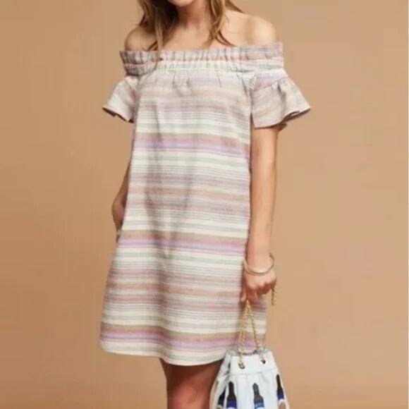 Corey Lynn Calter | Dion Yarn Dyed Off the Shoulder Stripe A-line Dress Pockets - Picture 12 of 12